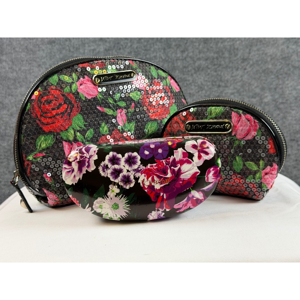 Betsey Johnson 3pc Floral Set Sequin Cosmetic Bags and Hard Shell Glasses Case